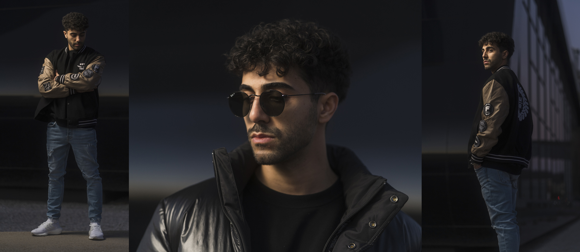 A young man poses at late dusk once with and twice without sunglasses in front of the blue-black-red sky background.